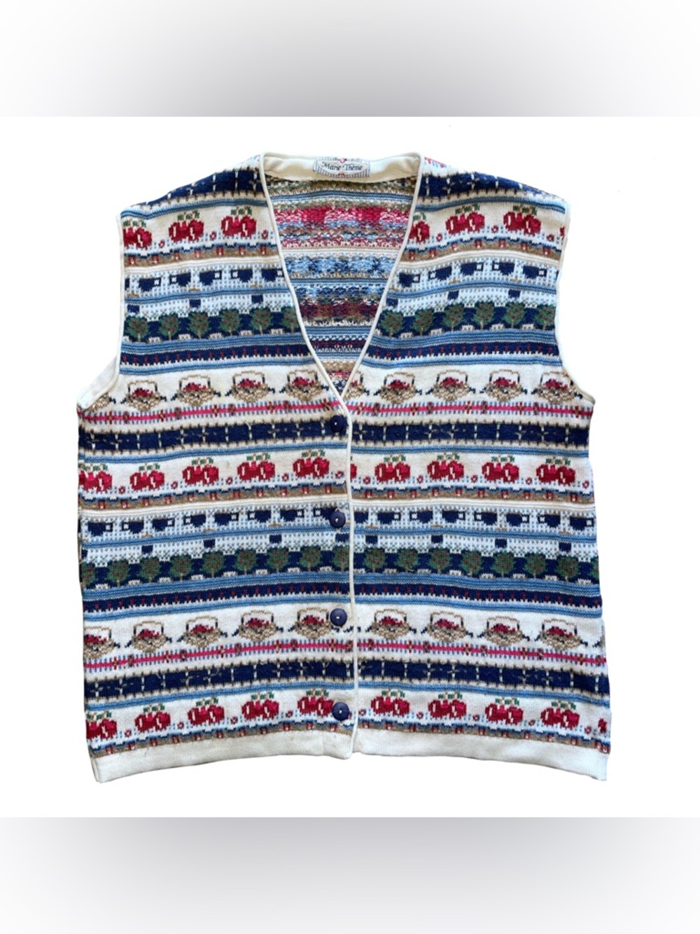VTG Rare Marie Theme Picnic Cherry Teatime Knit Vest Fair Isle Dopamine Twee L